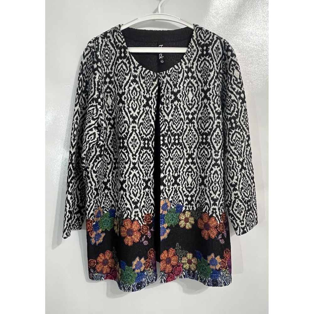 Berek Size XL Textured Cardigan Black White Floral Hook Eye Career